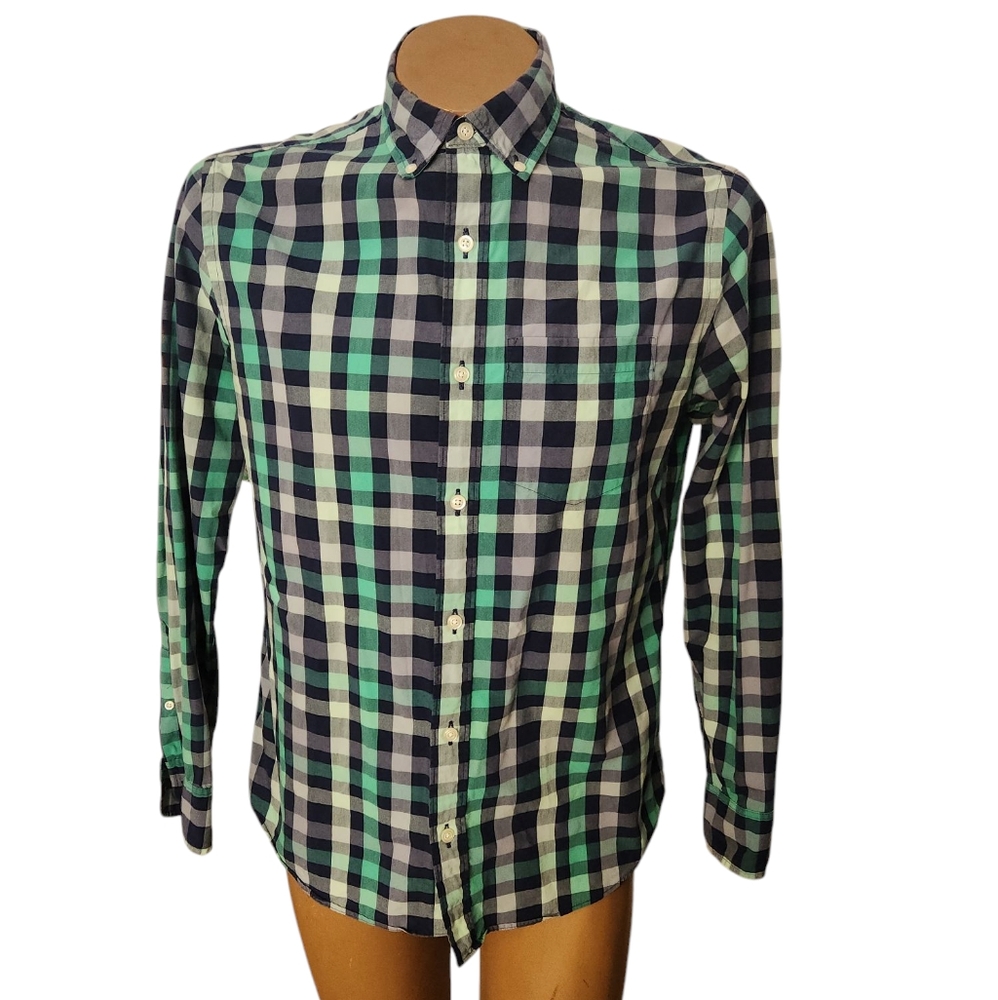 RYE Men's Green Navy White Plaid Shirt Size Medium